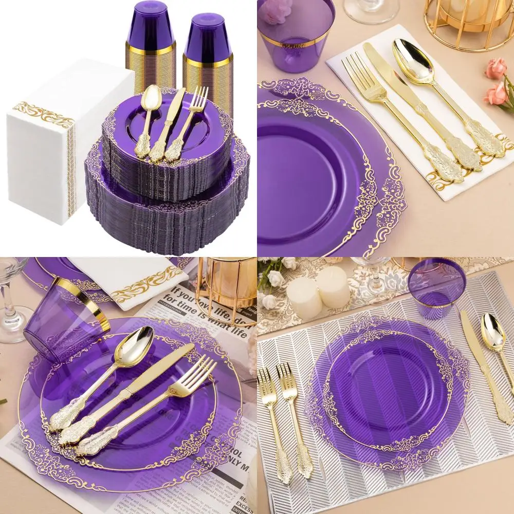 

Фиолетовые одноразовые тарелки с золотой отделкой — счет 350 штук для 50 гостей, включая 50 ужинов и 50 десертных тарелок