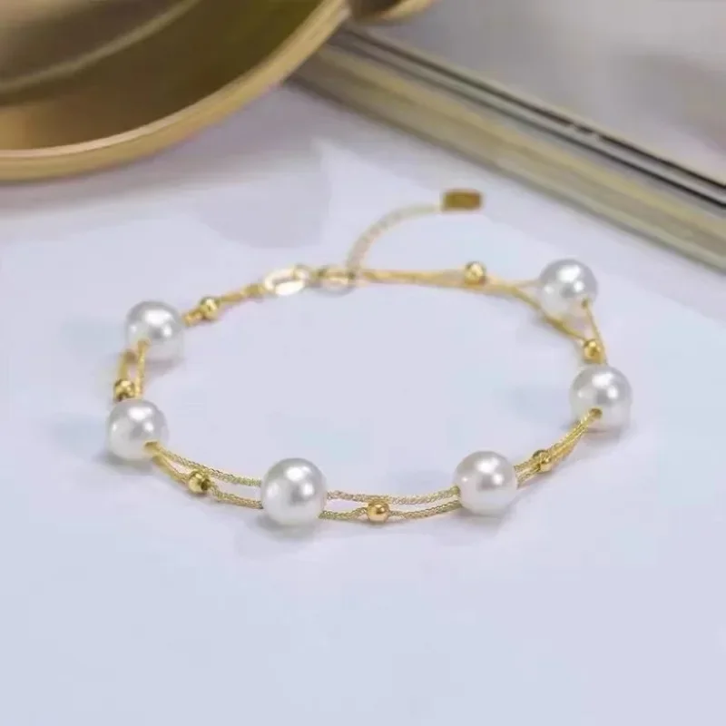 

Real 18K Gold Bracelet Natural Freshwater Pearls Au750 Double Layered Starry Sky Bracelet for Woman Quality Elegant Fine Jewelry