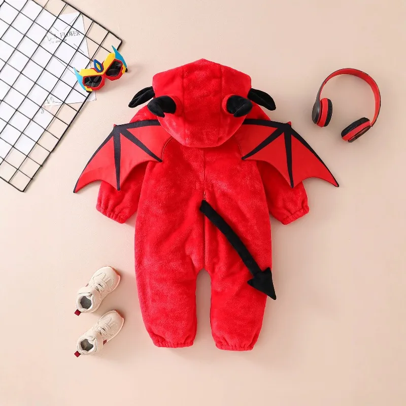 Cute Newborn Infant Baby Boys Girls Devil Bodysuits Hooded Plush Fleece Red Jumpsuit  Wings Bow Tie Tails Zipper Costume 0 24M