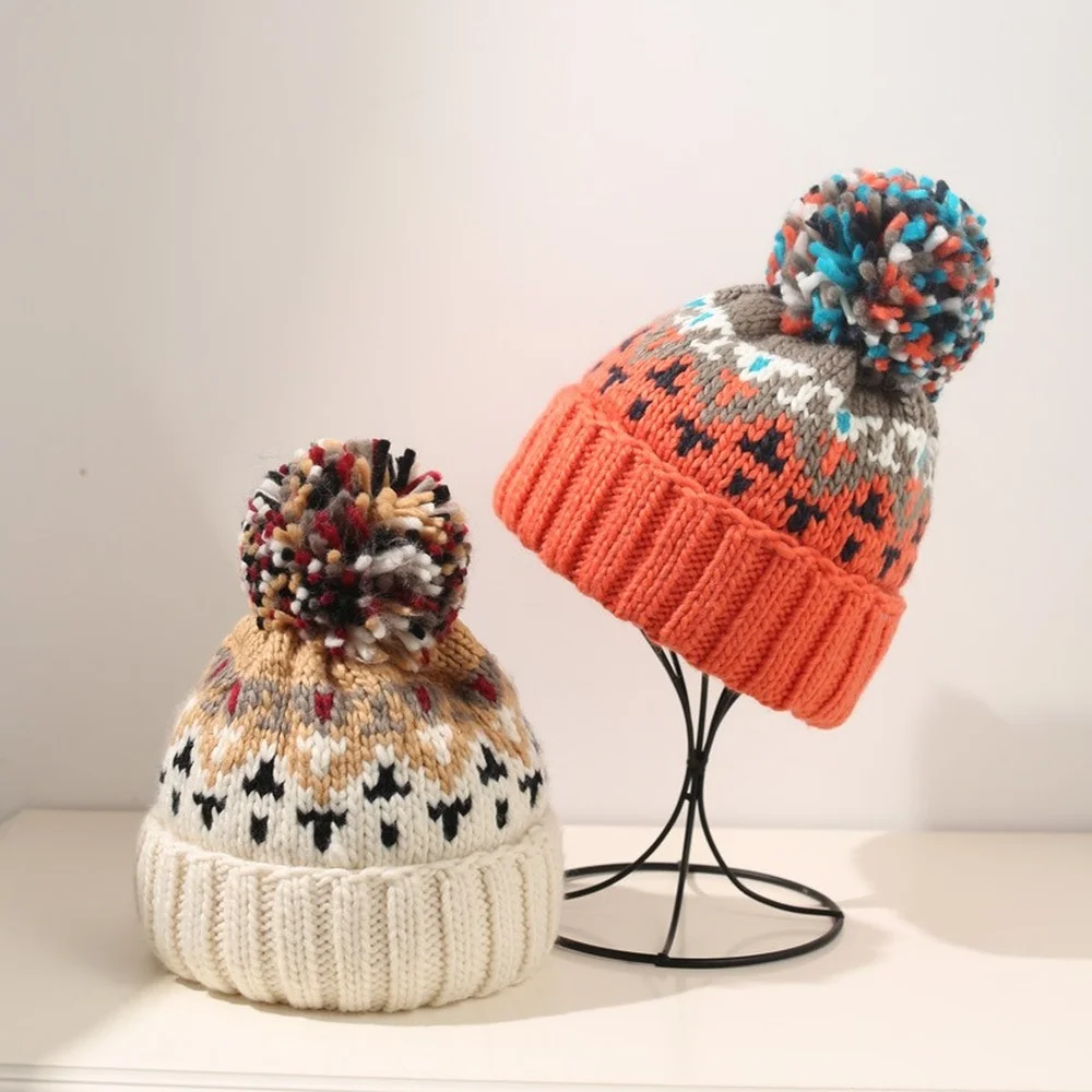 High Quality Colorful Fur Pom Pom Knitted Hat Christmas Hat with Fur Balls Winter Woollen Hat Unisex Warm Skullies Beanies Gift