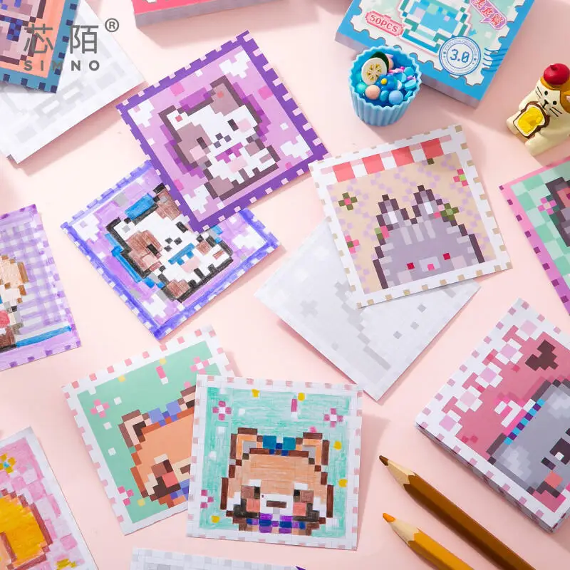 Amantes de tarjetas 50 piezas [Serie Pixel Coloring 3.0] Papel de escritura Tema de comida Tema animal Pixel Style Bead Pegatinas para diario
