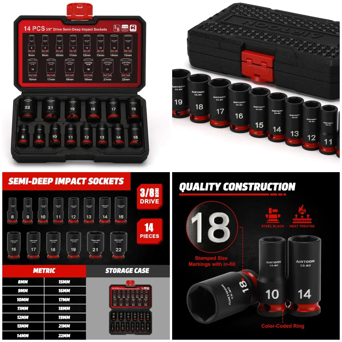 

3/8 дюйма. Набор метрических ударных головок привода, 8-22 мм, 14 предметов, CR-MO, штампованная и чернильная маркировка