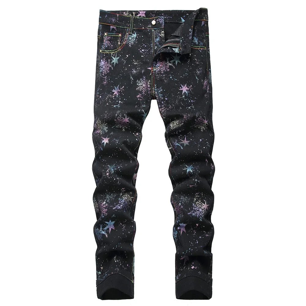 

Men snowflake Stars Print Jeans Fashion Neon Colored Painted Black Denim Pants Slim Straight Stretch Trousers