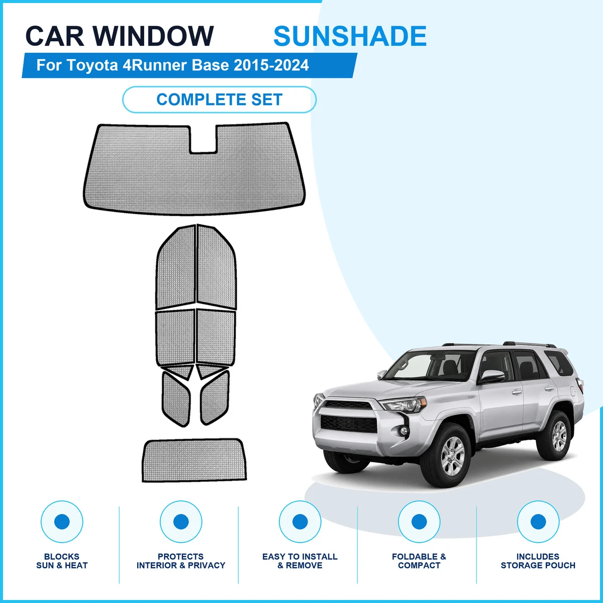 For Toyota 4Runner Base 2015-2024 Custom Full Set Window Sunshades Aluminum Foil Suction Cup Anti UV Privacy