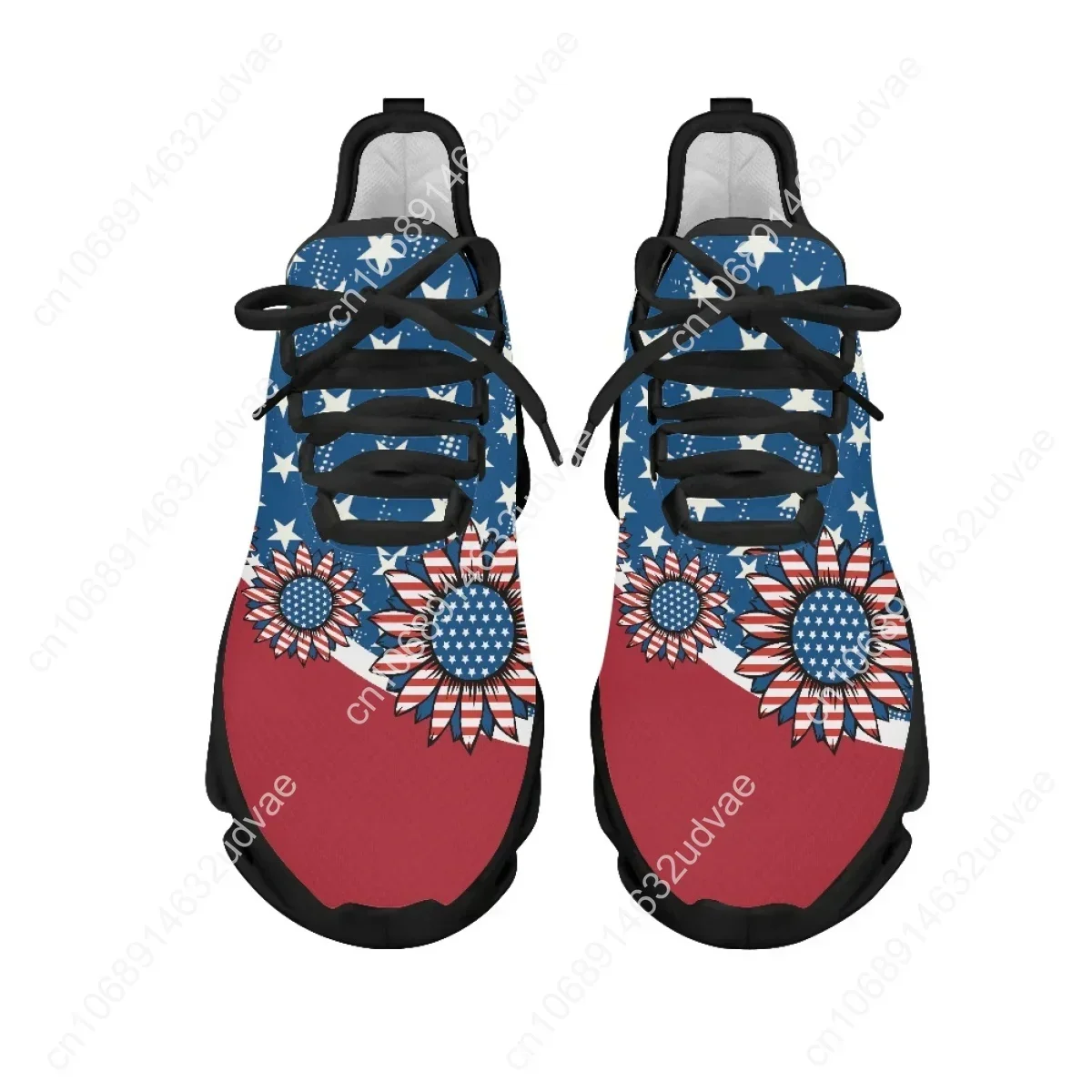 2023 American Flag Design Women‘s Lace-up Mesh Sneakers Summer Breathable Air Cushion Platform Shoes Sunflower Print Tennis Shoe