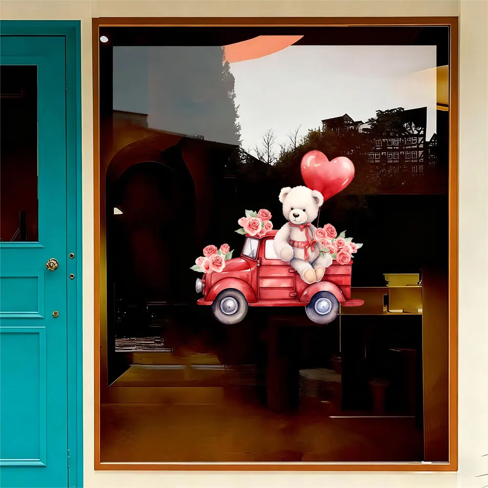 1 Valentine's Day White Bear Truck Sticker, Rose Sea Heart-Shaped Window and Door Decoration Sticker, Suitable for Bedroom and Living Room Decoration, Easily Create a Dreamy World