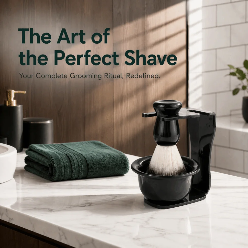 3PCS Nylon Bristle Shaving Brush Set Black 2-in-1 Design Shaving Brush Stand Lathering Bowl Brush Holder Beard Grooming Kit Men