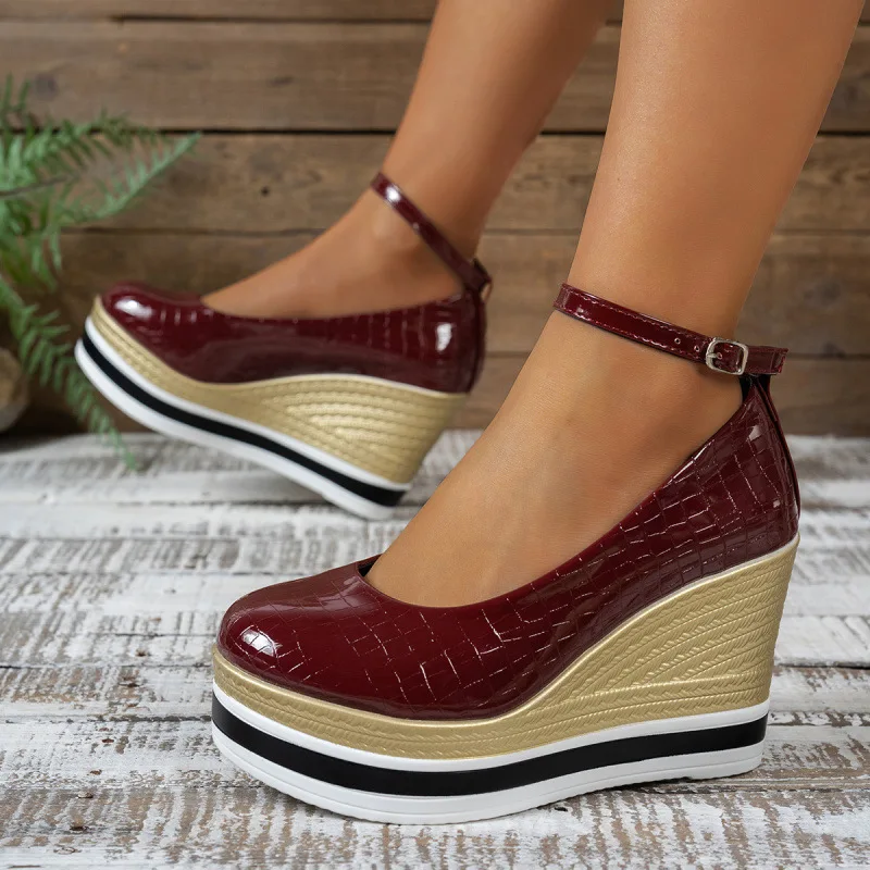 

Women's Patent Leather Wedge Heels round Toe Miniature Heightening Spring Low Cut Single Shoes Buckle Strap High Heels