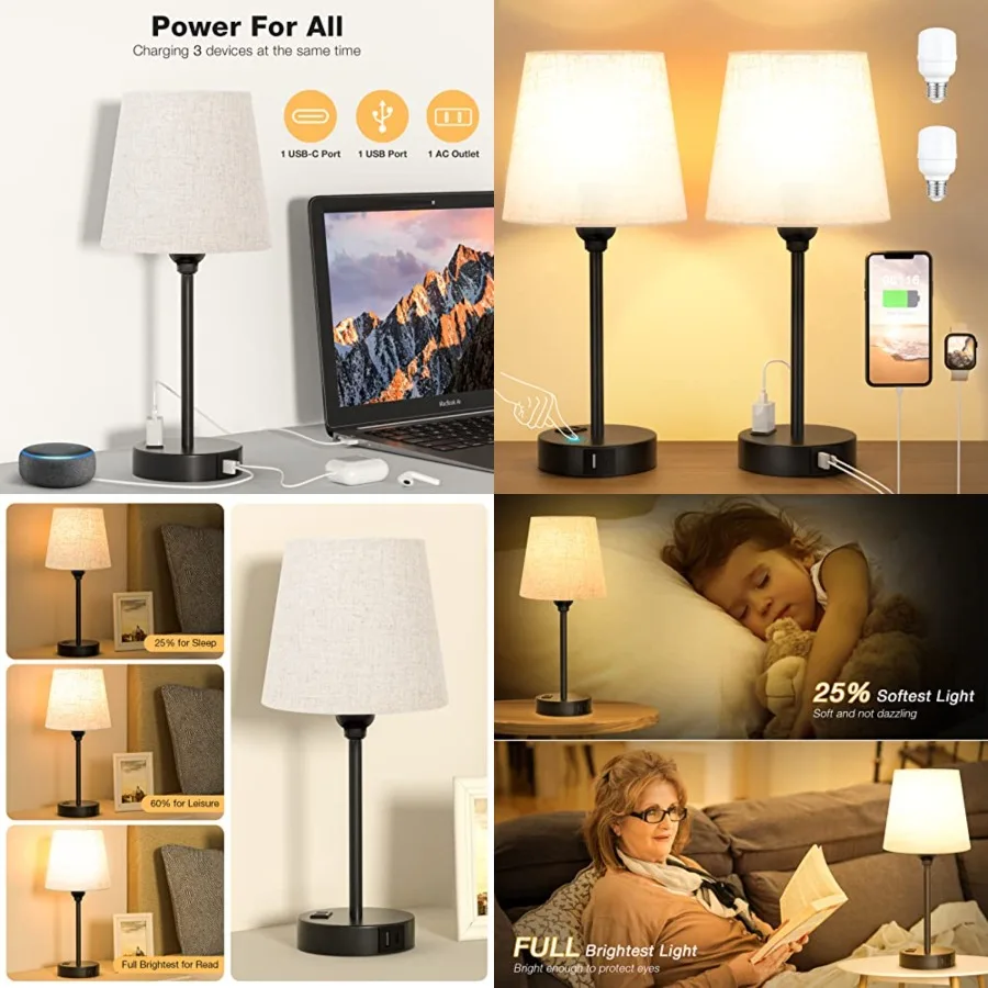 

Mini Bedside Lamps for Bedrooms Set of 2 - Nightstand Bedroom Lamps with USB C Port and AC Outlet Charging, Dimmable Touch Smal