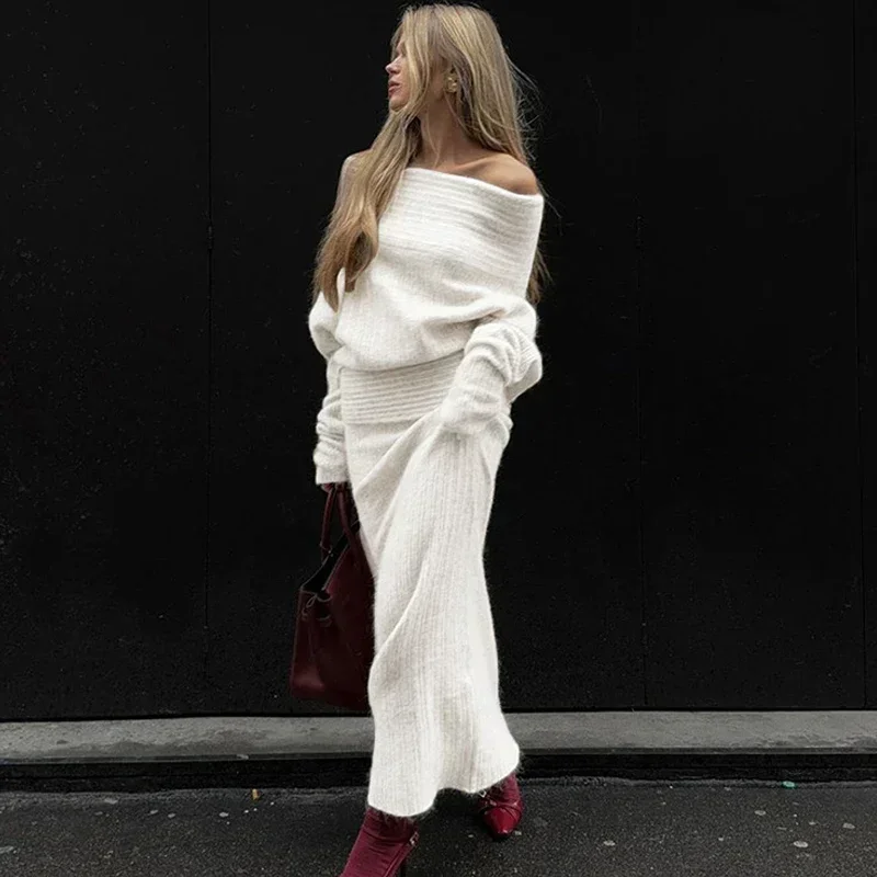 Talenza Knitted Long Skirt 2 Piece Set Women\'s Solid One Shoulder Long Sleeve Sweater Pullover Elegant Slim Knitted Skirt Set
