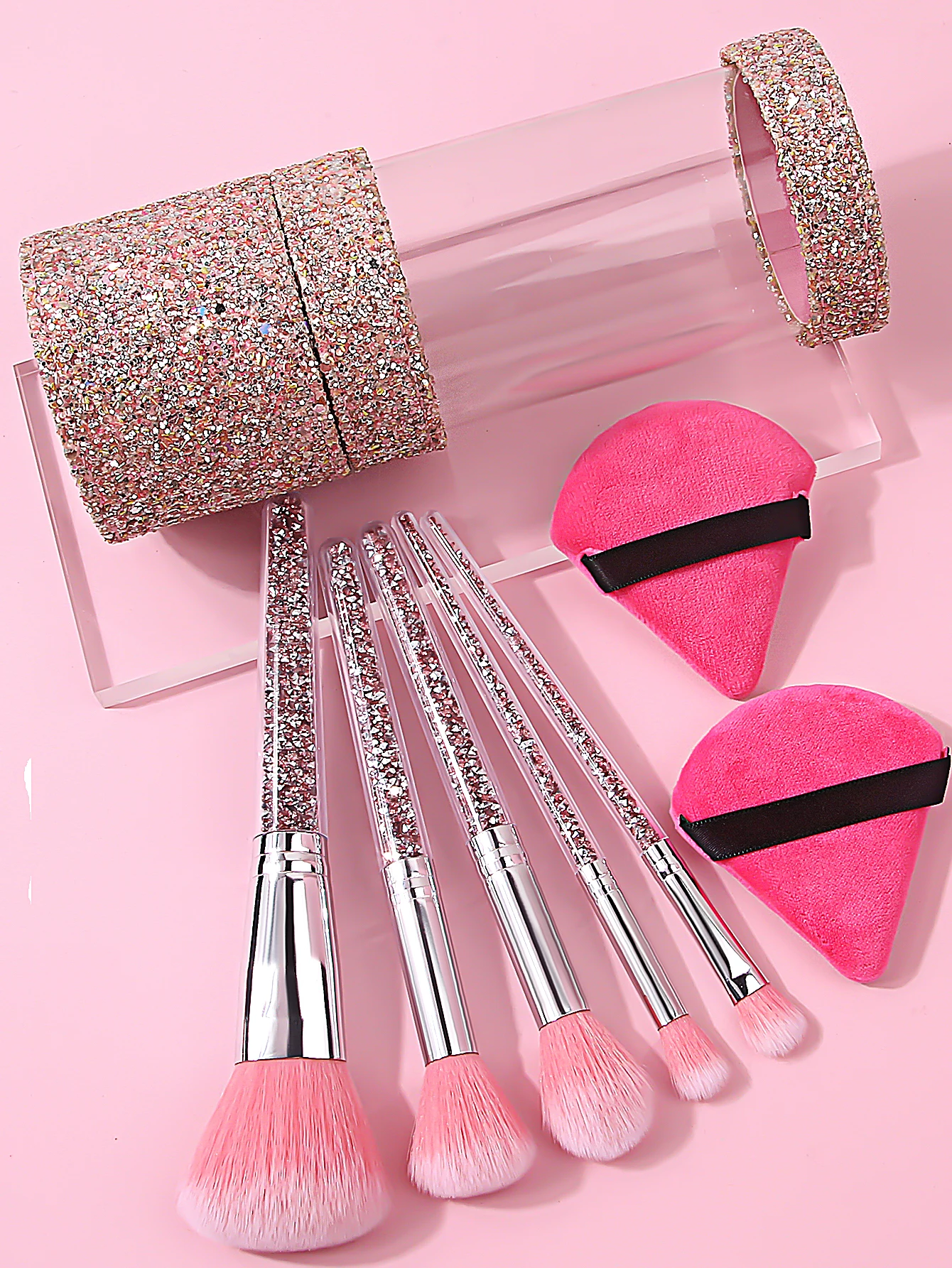 8PCSの絶妙なメイクブラシセット - ダイヤモンドハンドルのメイクブラシセット + ソフト扇形パウダーパフ + ポータブル収納バケツ