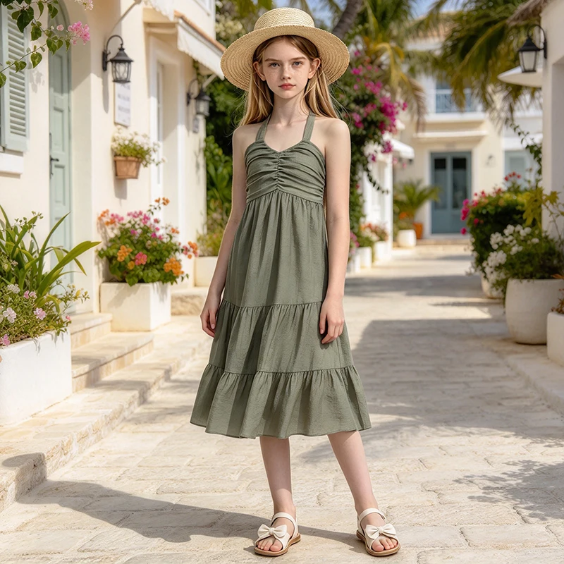 Casual Girls Summer Halter Neck Midi Dress 8-12Y, Popular Smocked Back Tiered Ruffle Long Dress Lightweight Fabric