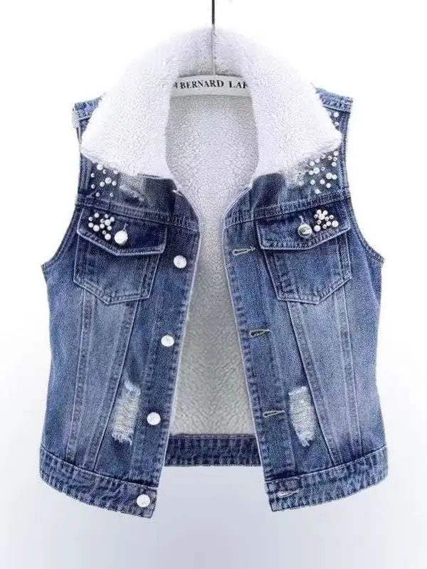 

Thiened Fce Casual Loose Denim Vest Women's Small Size Versatile Autumn Winter New Sle Collar Single Button Closure