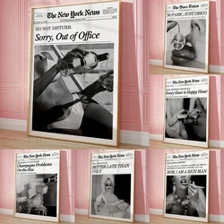 Trendy New York Newspaper Prints Rich Woman Drinking Wine Pictures Retro Black and White Canvas Painting Wall Art Home Decor