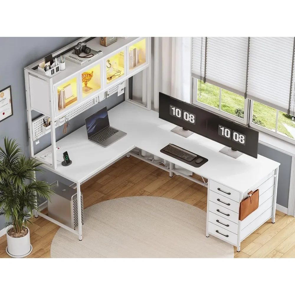 Bureau d'ordinateur en forme de L avec étagères de rangement, panneau perforé, lumières LED, prises, bureau à domicile, table d'angle, grande table de jeu