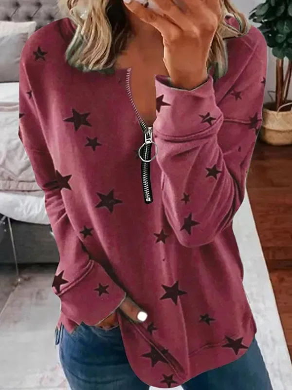 

2024 Star Pattern Cross Border Round Neck Zipper Spring And Autumn Seasons Trendy Fashion Simple Casual Long SleevesWF4