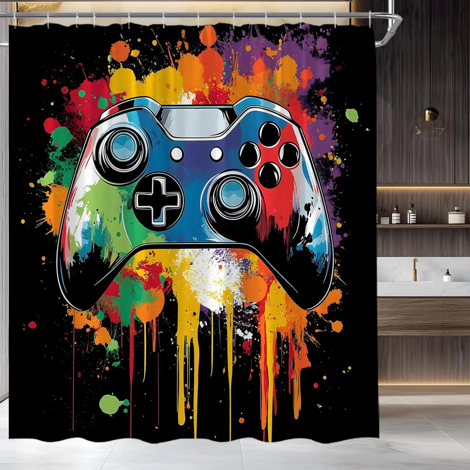 Gamer Shower Curtain Gaming Video Game Colorful Graffiti Gamepad Cool Kids Boys Bathroom Curtain Fabric with Hooks(70