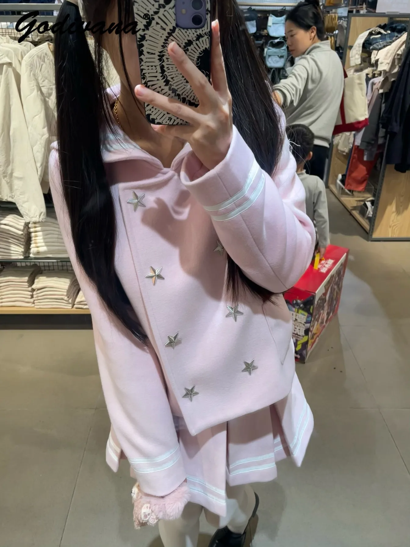 New Autumn and Winter Girls Sweet Star Sailor Suit Set Jk Uniform Kawaii Subculture Womens Navy Collar Woolen Coat Pleated Skirt