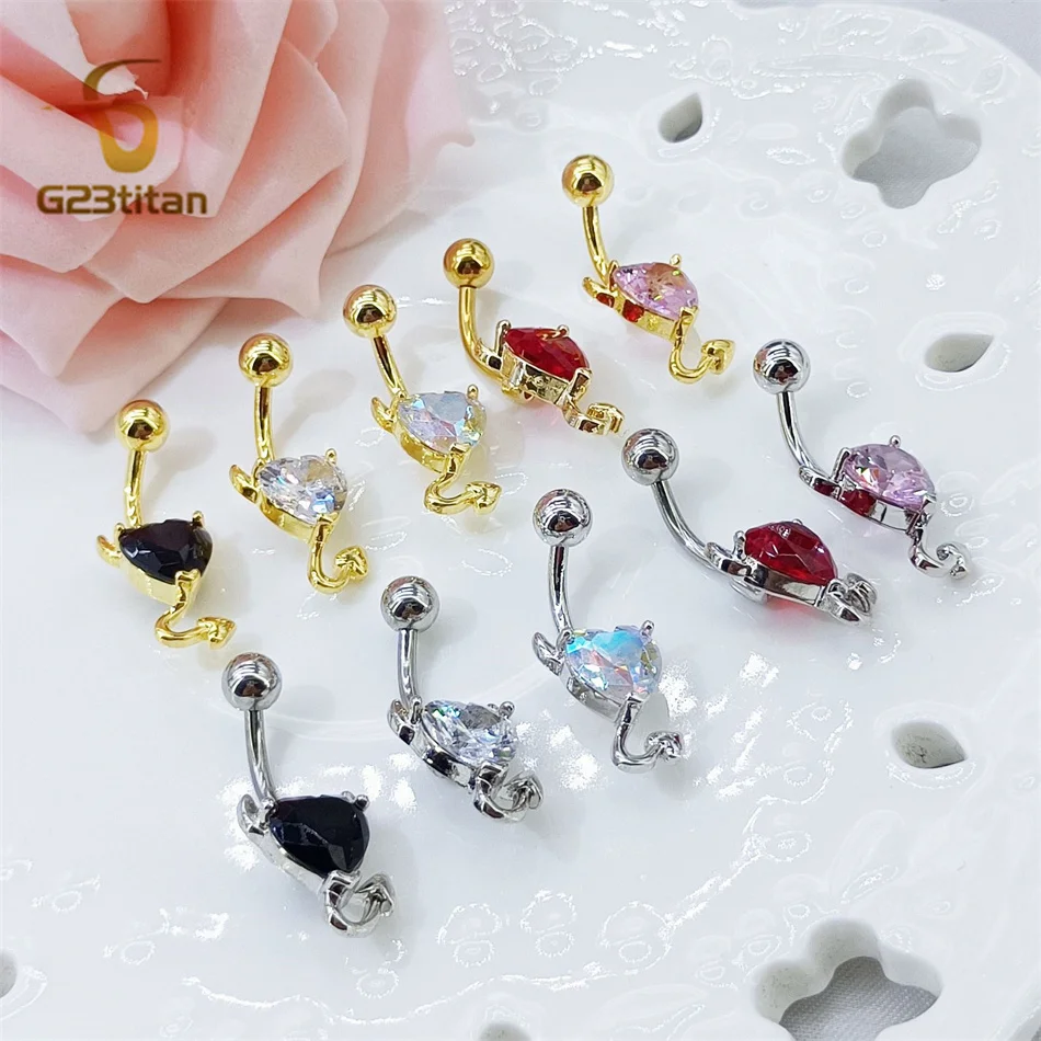 Neo Gothic Zircon Heart Devil Navel Ring Allergy Free Surgery Titanium Barbell 14G Piercing Women Men Teens Belly Button Jewelry
