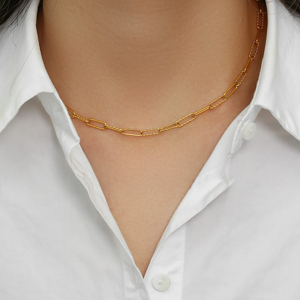2024 New Stylish Hypoallergenic Thin Delicate Paper Clip Link Chain Necklace Bracelet Jewelry Set Stainless Steel Chain Necklace