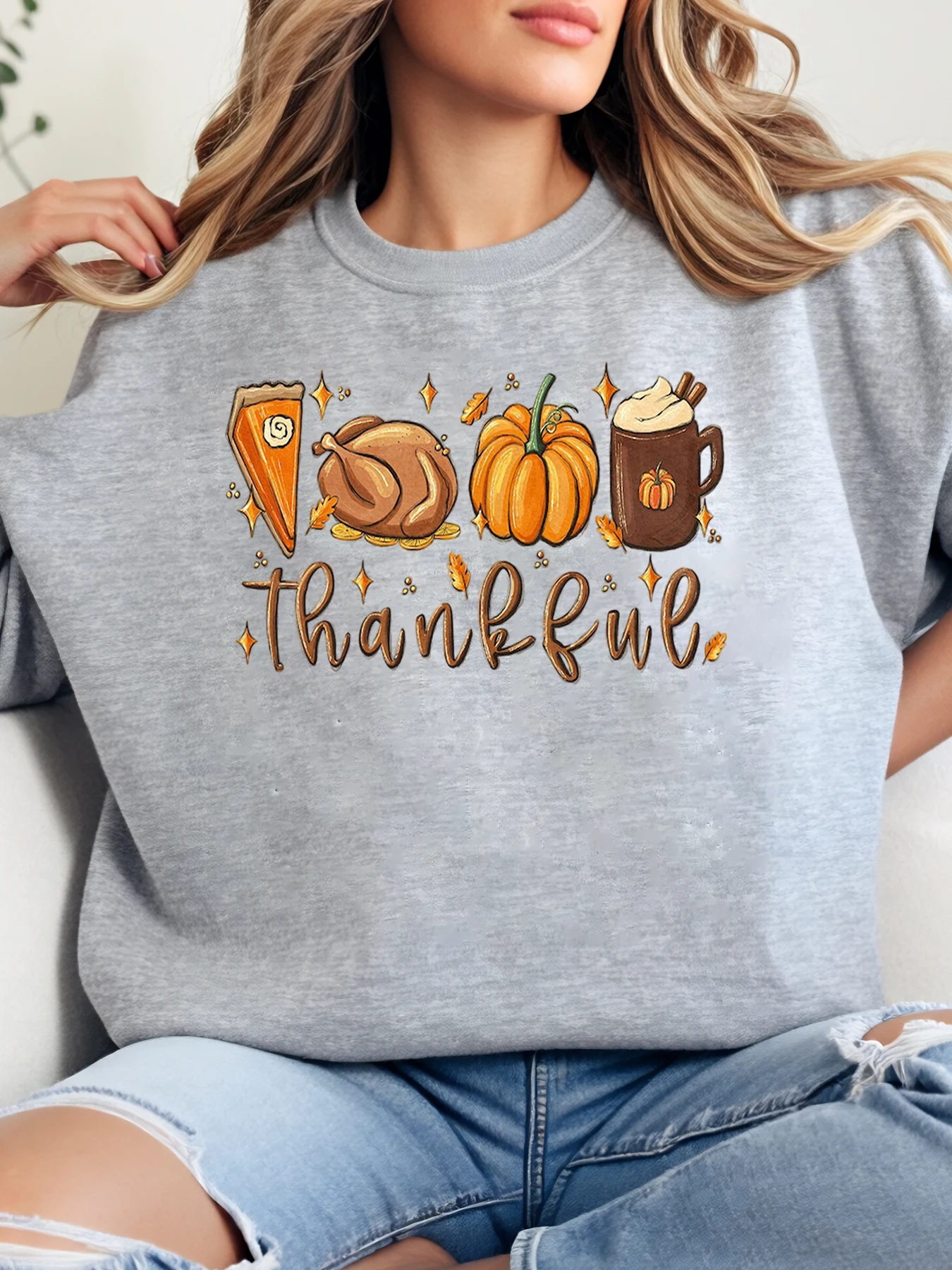 شكرًا تركيا فطيرة اليقطين القدح طباعة الشكر Crewneck البلوز المرأة عادية الخريف عطلة ارتداء رمادي حجم كبير #1