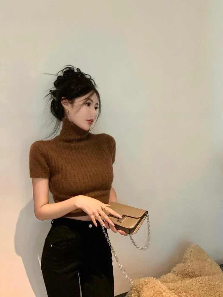 

Slim Fit High Collar ort Sve Knitted Base irt Korean Sle Hot Girl Top for Autumn Winter New Arrival Inner Wear