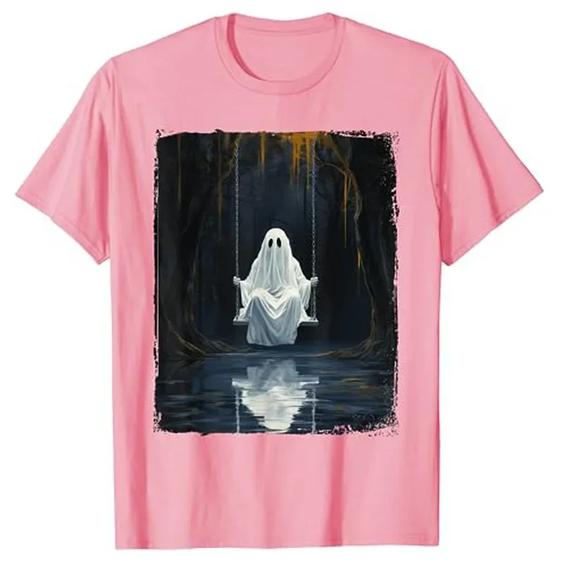 Ghost on Swing Spooky Art Costume Cute Halloween Ghost T-Shirt Horror Style Graphic Tee Tops Gifts Funny Boo Crew Gothic Outfits