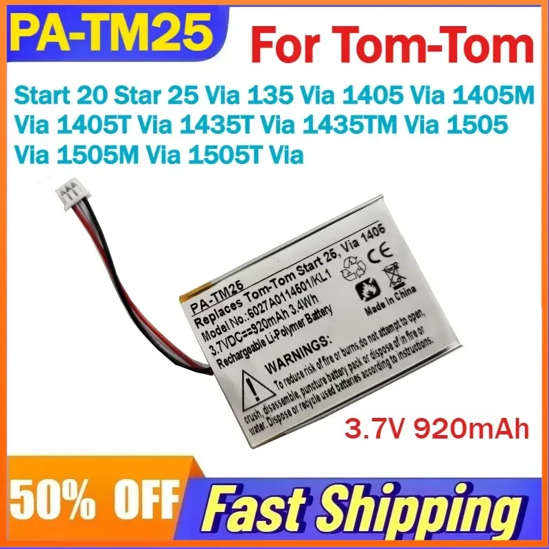 PA-TM25 Battery For Tom-Tom Start 20/25 Via 135/1405/1405M/1405T/1435T/1435TM/1505/1505M/1505T GPS Compatible KL1