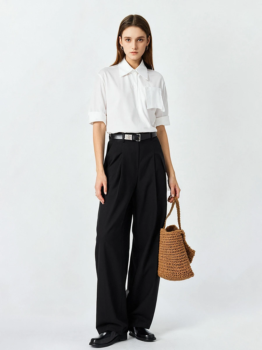

Busin Casual High Waist Trousers Women's Pure Color Pleated Straight Leg Pants Commute Faion Spring Summer New Arrival