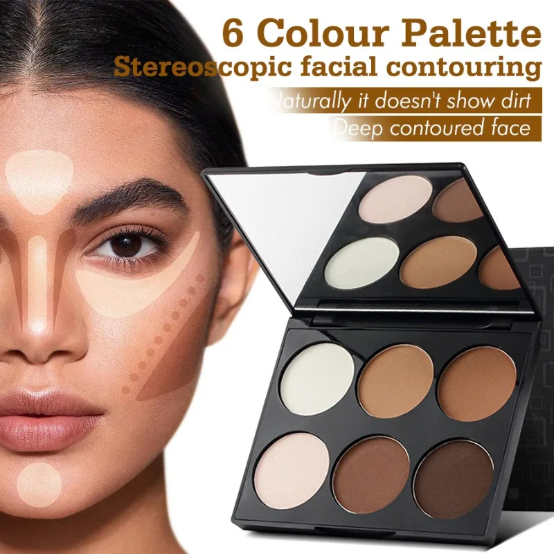 Palette tout-en-un de fard à joues et de contour de 6 couleurs, palette de maquillage en poudre mate nacrée, surligneur à paillettes, palette éclaircissante