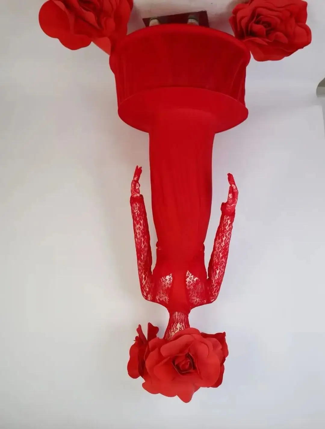 큰 붉은 꽃 레이스 투명한 긴 드레스 드래그 퀸 의상 발렌타인 데이 나이트 클럽 댄스 파티 마스크 볼 섹시한 무대 착용