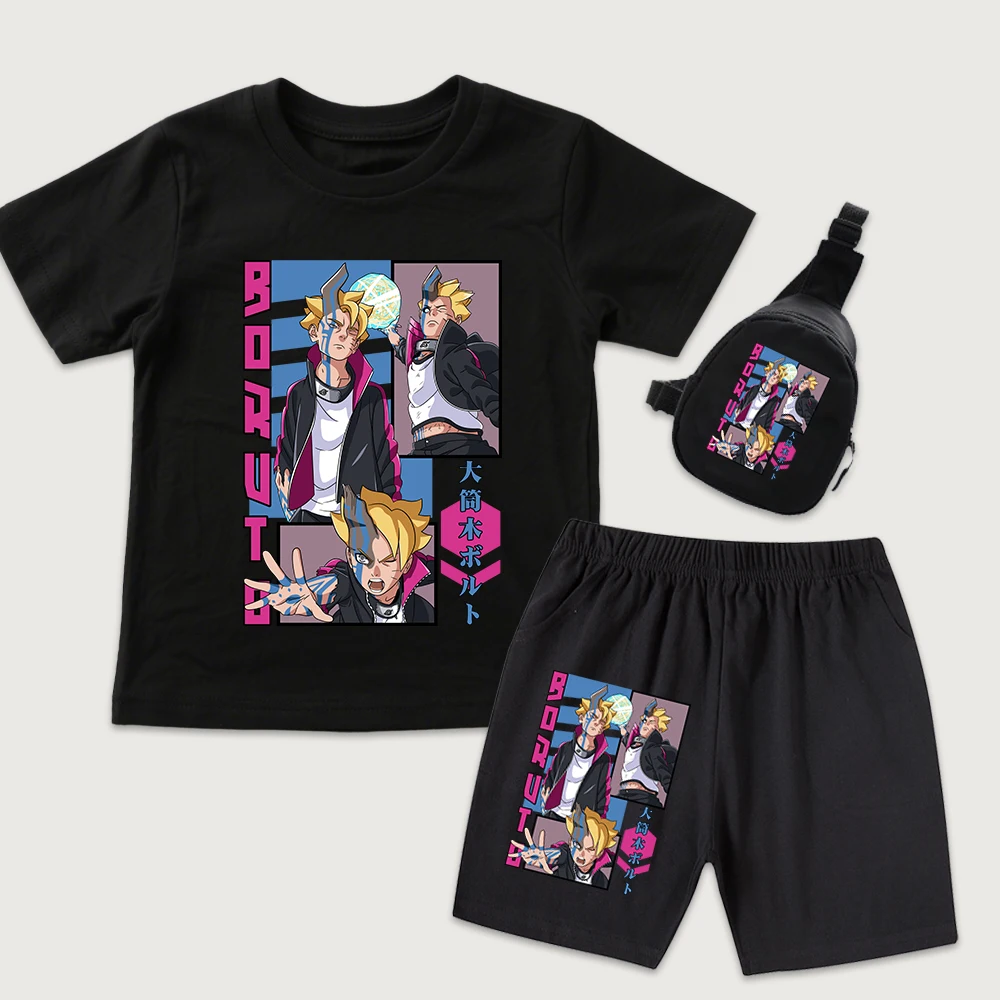 Boruto Anime Print Cotton T Shirt Shorts and Mini Chest Bag 3 Piece Set for Kids Boys Girls Summer Daily Wear