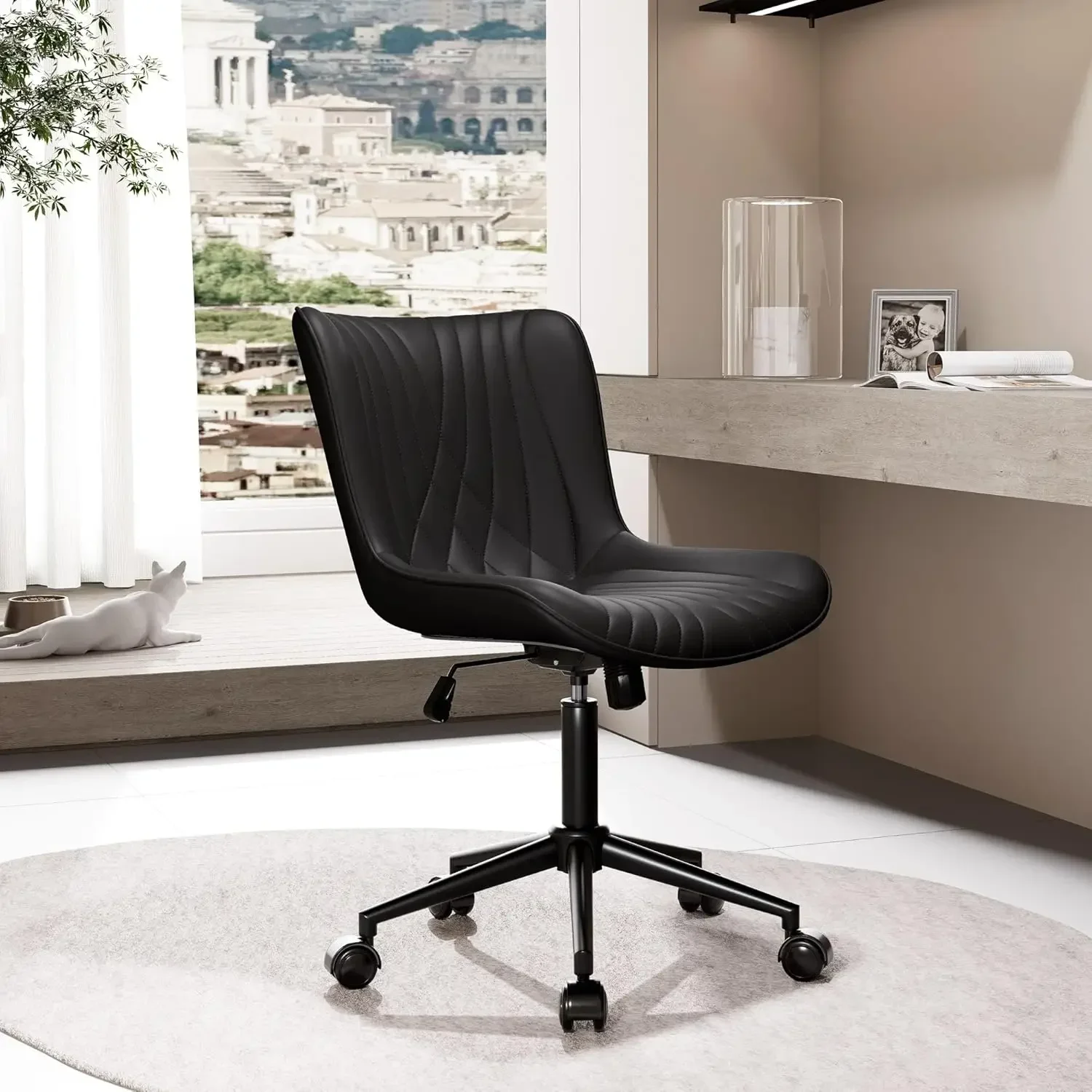 

Office Chair, Armless Desk Chair with Wheels, Home Office Computer Task Chairs, Modern Faux Leather Padded Vanity Chair