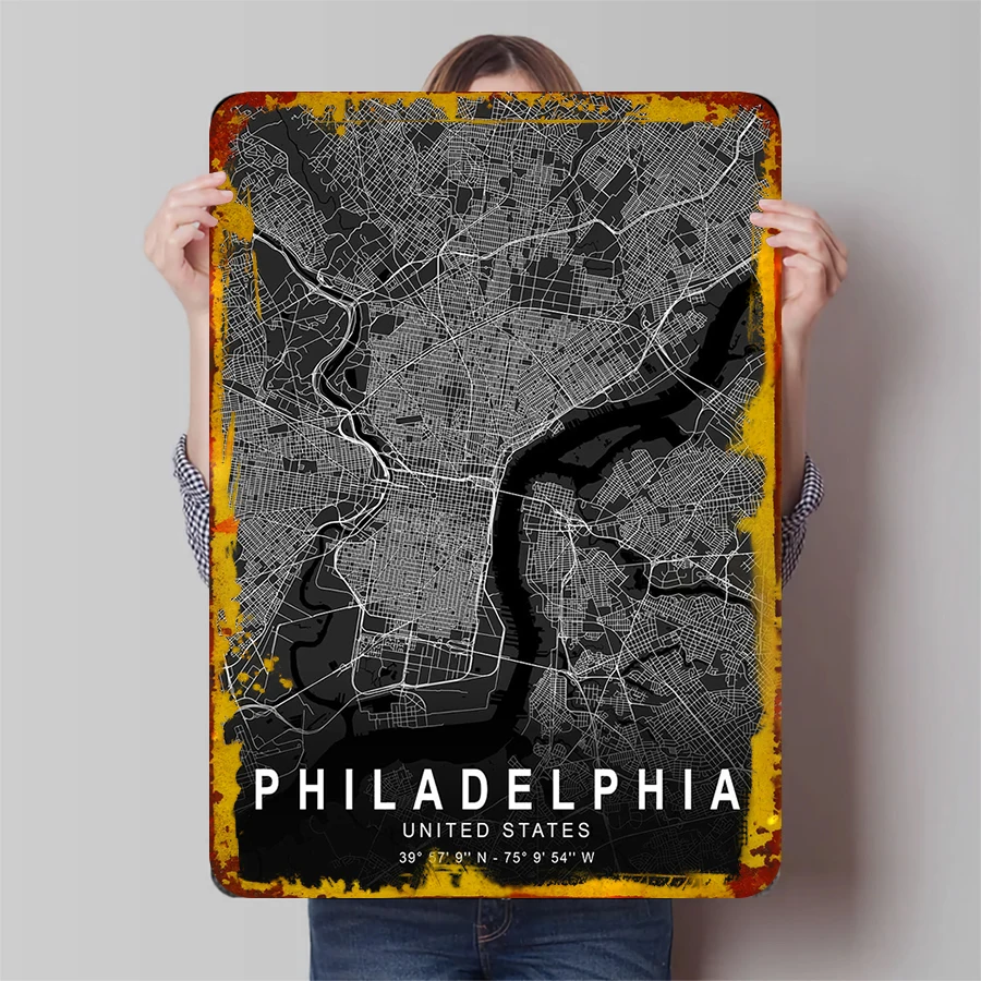 Philadelphia City Map Metal Wall Art United States Modern Minimalist Home Decor 39°57'9N 75°9'54W