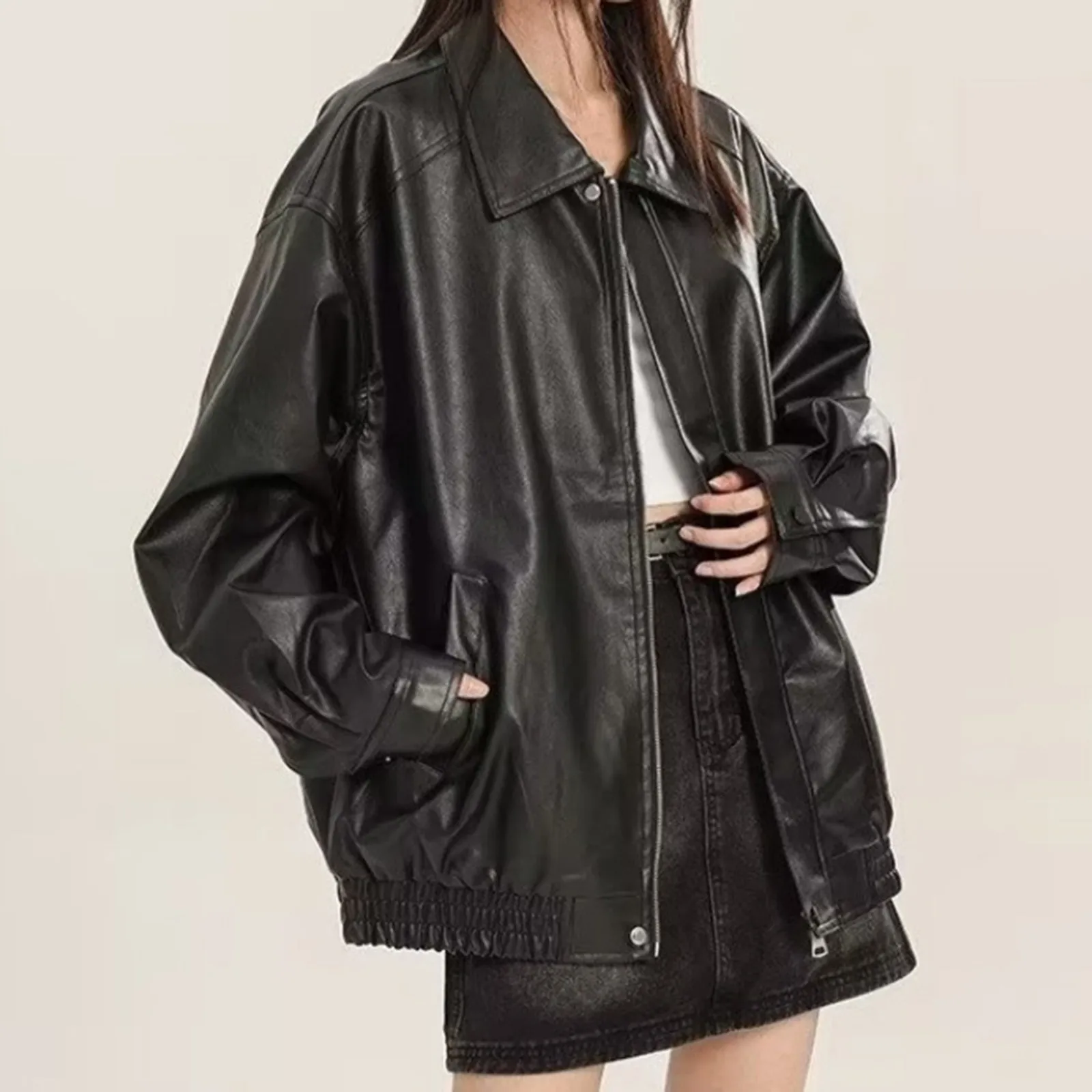 Versatile Korean Black Leather Jacket  Streetwear Harajuku Y2K Loose Women Outerwears Winter Lightweight Female Nuevo En Abrigos