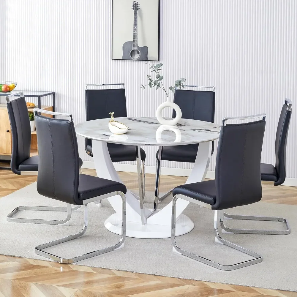 

47 Inch 6-person Round Table, Artificial Marble Dining Table with 6 Cushioned Chairs, Modern High Gloss White Base Table