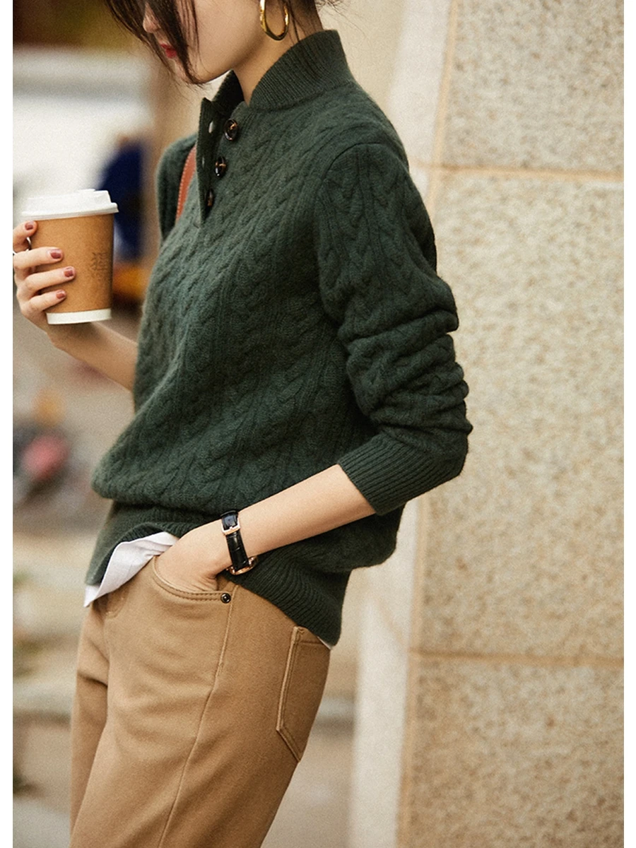 Knitted Pullover Top Sweater, Stand-up Collar, Half-Open Lapel, Twisted Twist Texture, Pure Cashmere, Baseball, Elegant