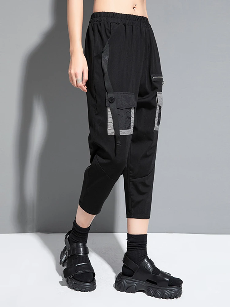 [EAM] High Elastic Waist Black Color-block Pocket Harem Calf-Length Pants New Trousers Women Fashion Spring Summer 2024  1DH5941