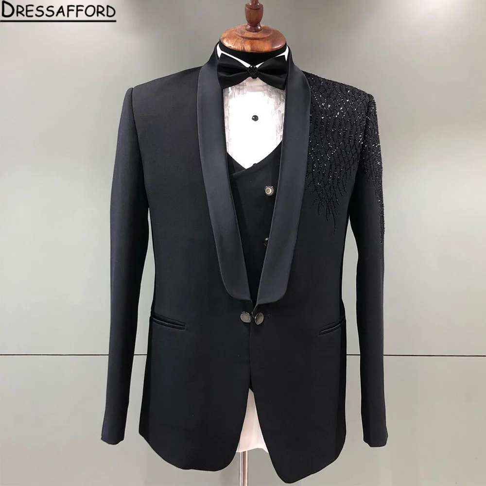 Black Pearls Beading Blazers Men Suits Fashion Banquet 2 Piece Business Jacket Pants Trousers