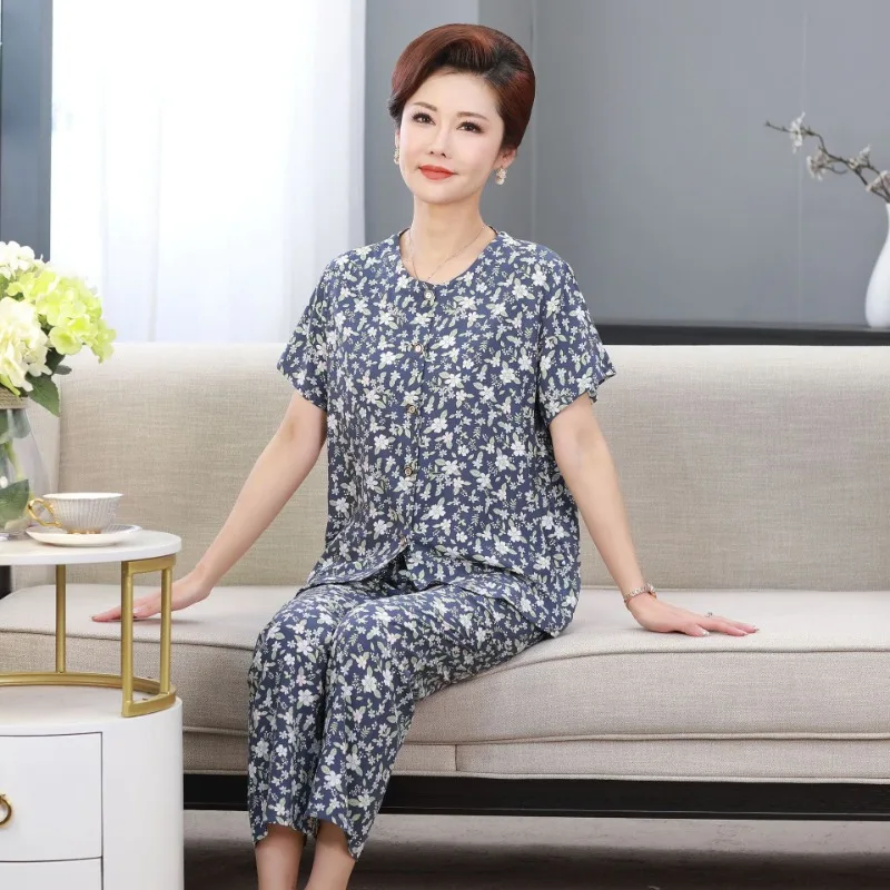 

Middle-Aged and Elderly Moms Pajamas Short Sleeves Long Pants Loungewear Floral Button-Down Cardigan Large Size 2 Piece Set