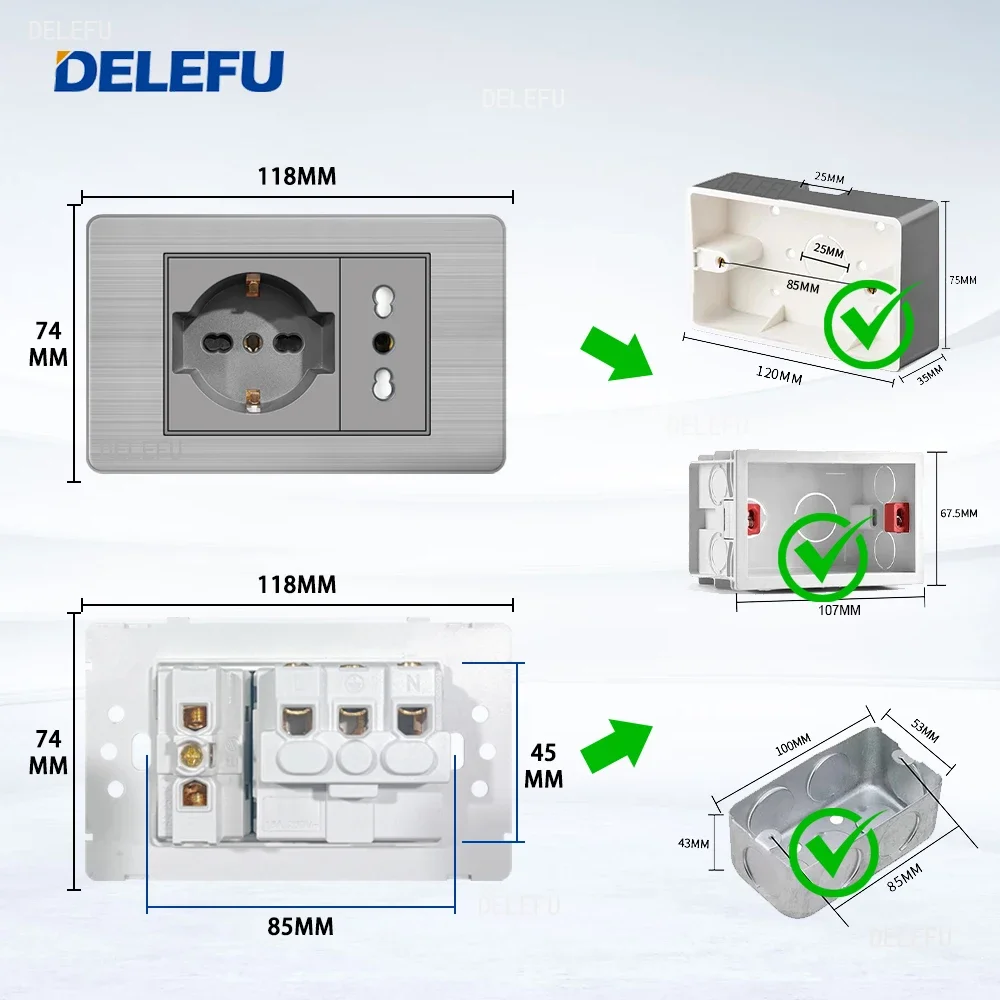 DELEFU Black Stainless steel Italy USB TypeC Fast Charging Wall Socket Schuko Tuya Wifi Smart Switch Sat TV Tel Doorbell Curtain