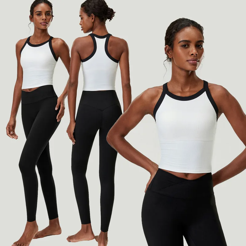 Women Elastic Tight Athletic Yoga Set Contrast Racerback Ribbed Top Cross Waist Leggings Running Tennis Fitness Two Piece Outfit