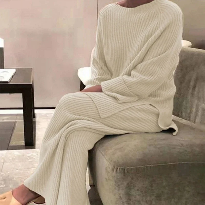 

Women Knitted Sweater Suit Casual Solid Color O-Neck Pullovers+Pants Suit Female Autumn Winter Soft Two Piece Set Homewear