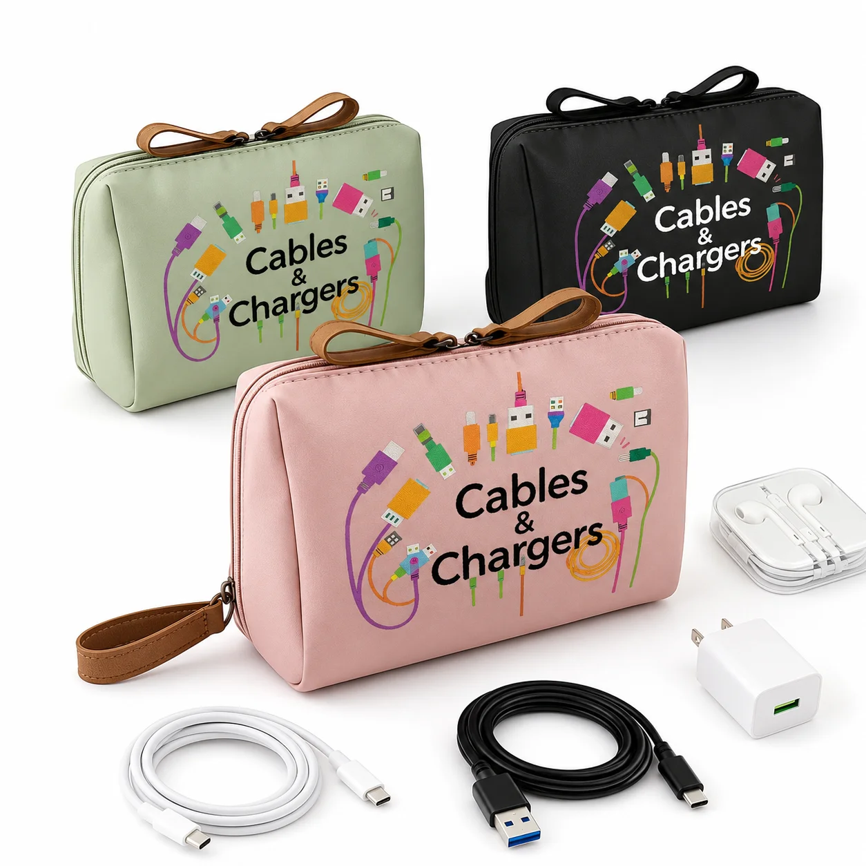 Women Accessories List - トラベルケーブルオーガナイザーバッグ、キュートな電子機器アクセサリーポーチ（ジッパー付き）、女性用ポータブル充電コード収納ケース