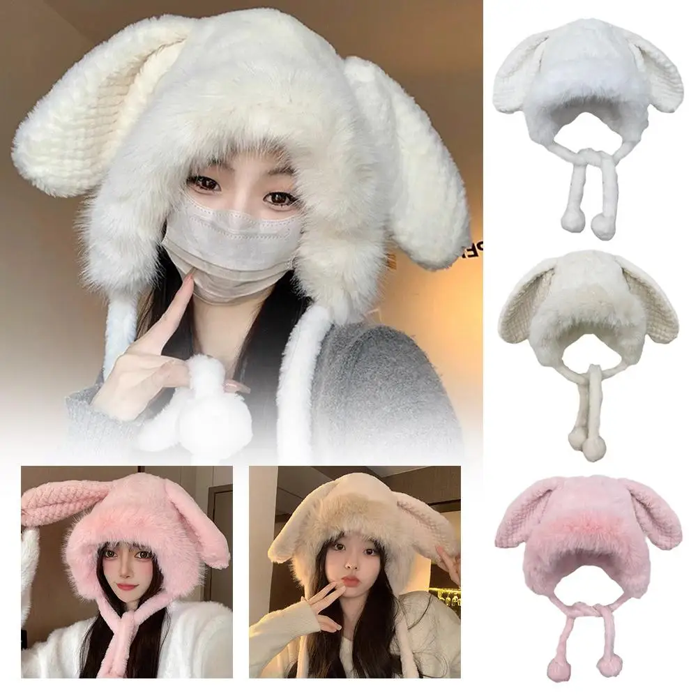 Children's Winter Hairy Hat Cute Plush Rabbit Ears Head Hat Accessories Knitted Warm Cloth Thickened Big Yarn Warm Hat Wind E2F6