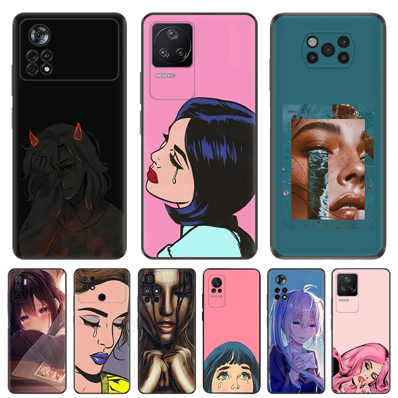 Phone Case for Xiaomi Poco F5 F4 F3 F1 C40 C50 C51 M5 M5S M4 M3 X3 X4 X5 Pro Sad Girl Tears Cartoon Soft Shell Black Cases Cover