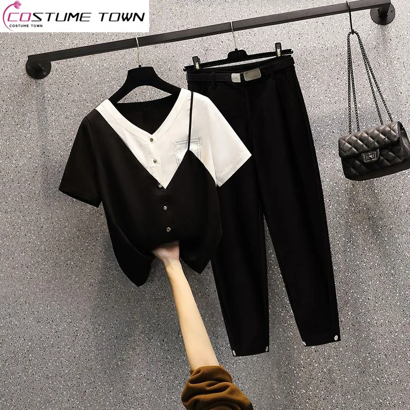 

2023 Spring and Summer New High-grade Stitching Fake Two-piece Shirt Women's Versatile T-shirt Casual High-waist Haren Pants Set