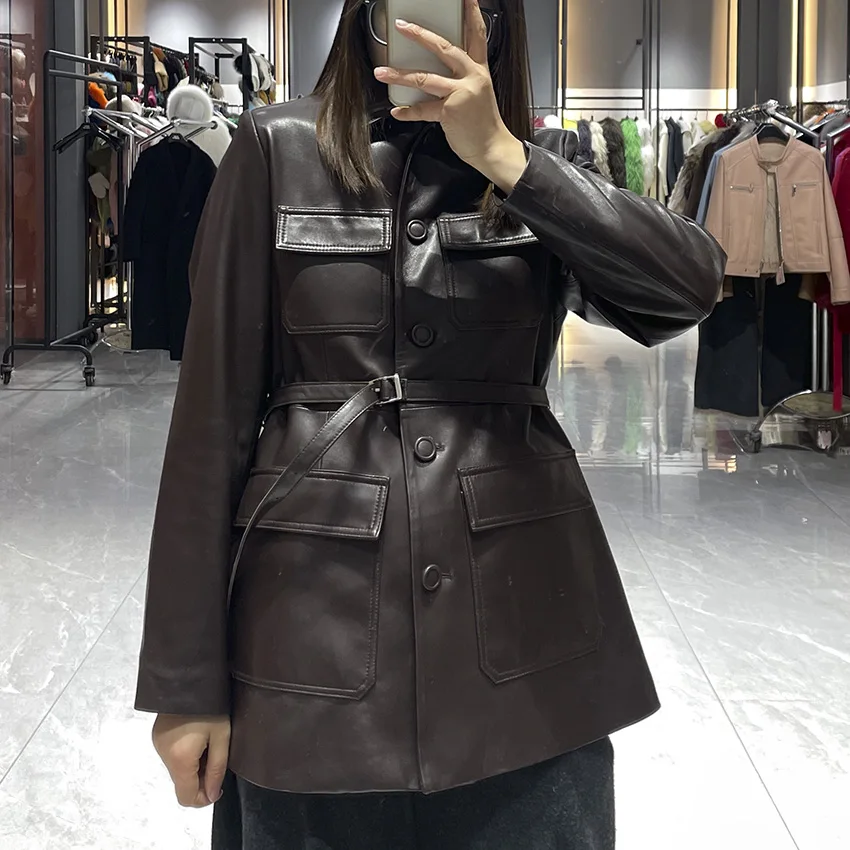 JANEFUR Women Genuine Leather Coat Office Ladies High Waist Retro Casual Sheepskin Medium Long Jacket Autumn Winter JFB6-25008