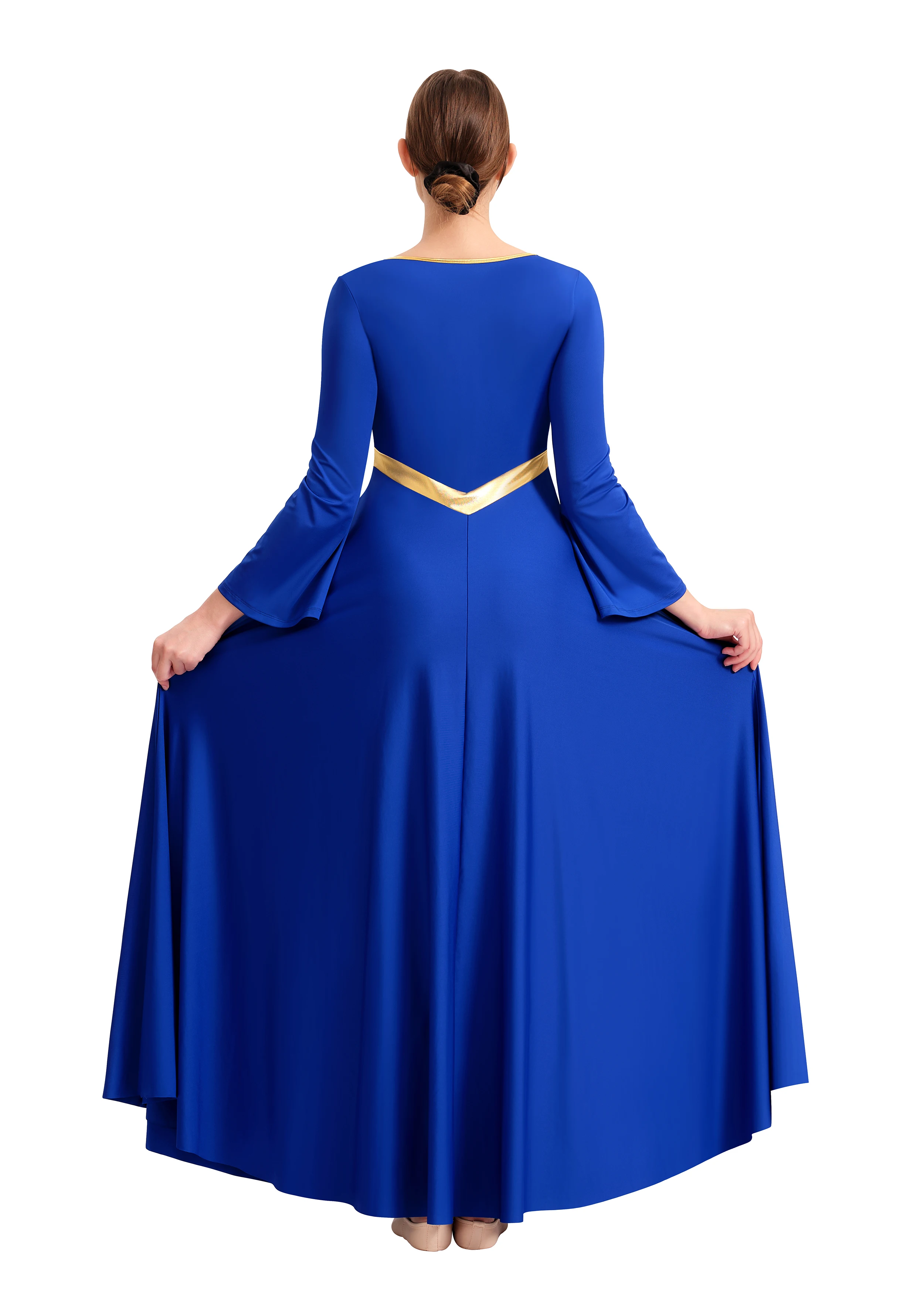 iWomen Abito da ballo di lode con giunture metalliche, taglio libero, costume liturgico da culto a maniche lunghe per adulti con gonna svasata svasata