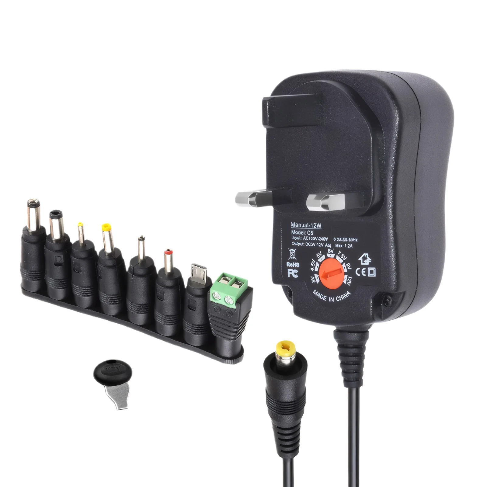 Power Adapter For Household Appliances 8 DC Connectors Included 12V Output Current Maximum 3V 4.5V 5V 6V 7.5V 9V 12V 1A